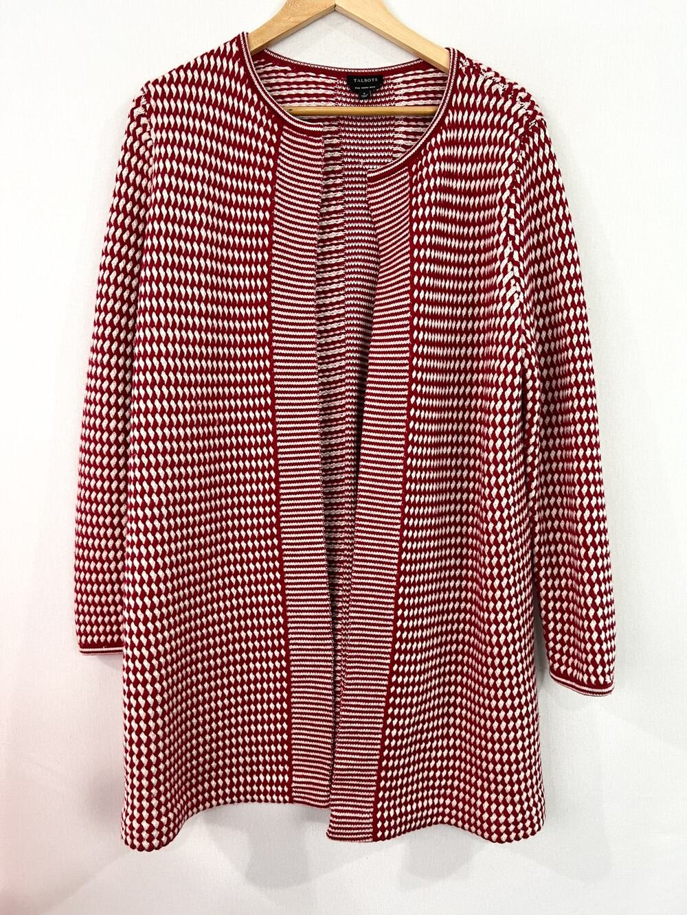 TALBOTS 100% Merino Wool Checkered Knit Cardigan Sweater Large Festive Holiday